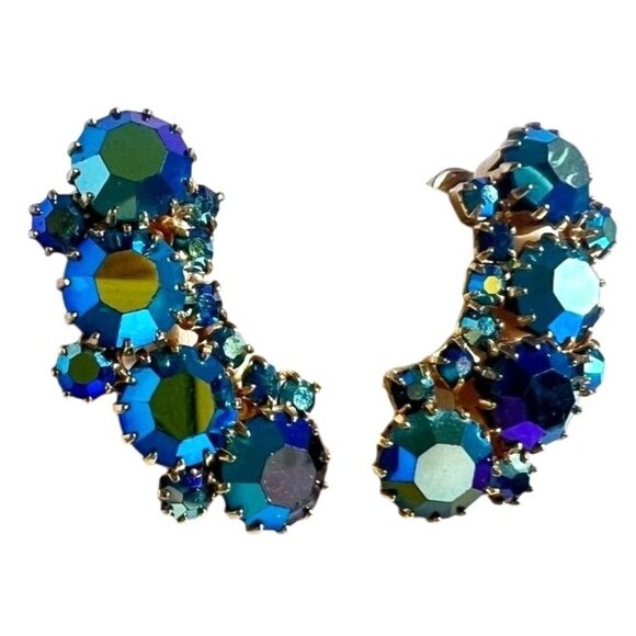 Vtg Weiss Blue Aurora Borealis Crystal Clip-On Earrings 1.25" Signed 50s Glam - Picture 2 of 10